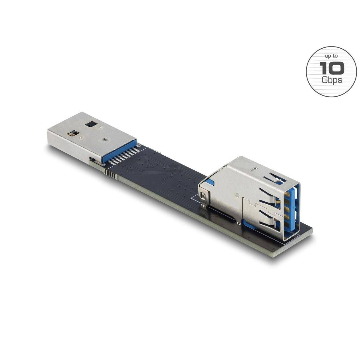 Ein USB-Adapter mit rechtwinkligem Anschluss und USB-A-Ports, der eine Hochgeschwindigkeitsübertragung von bis zu 10 Gbps ermöglicht.