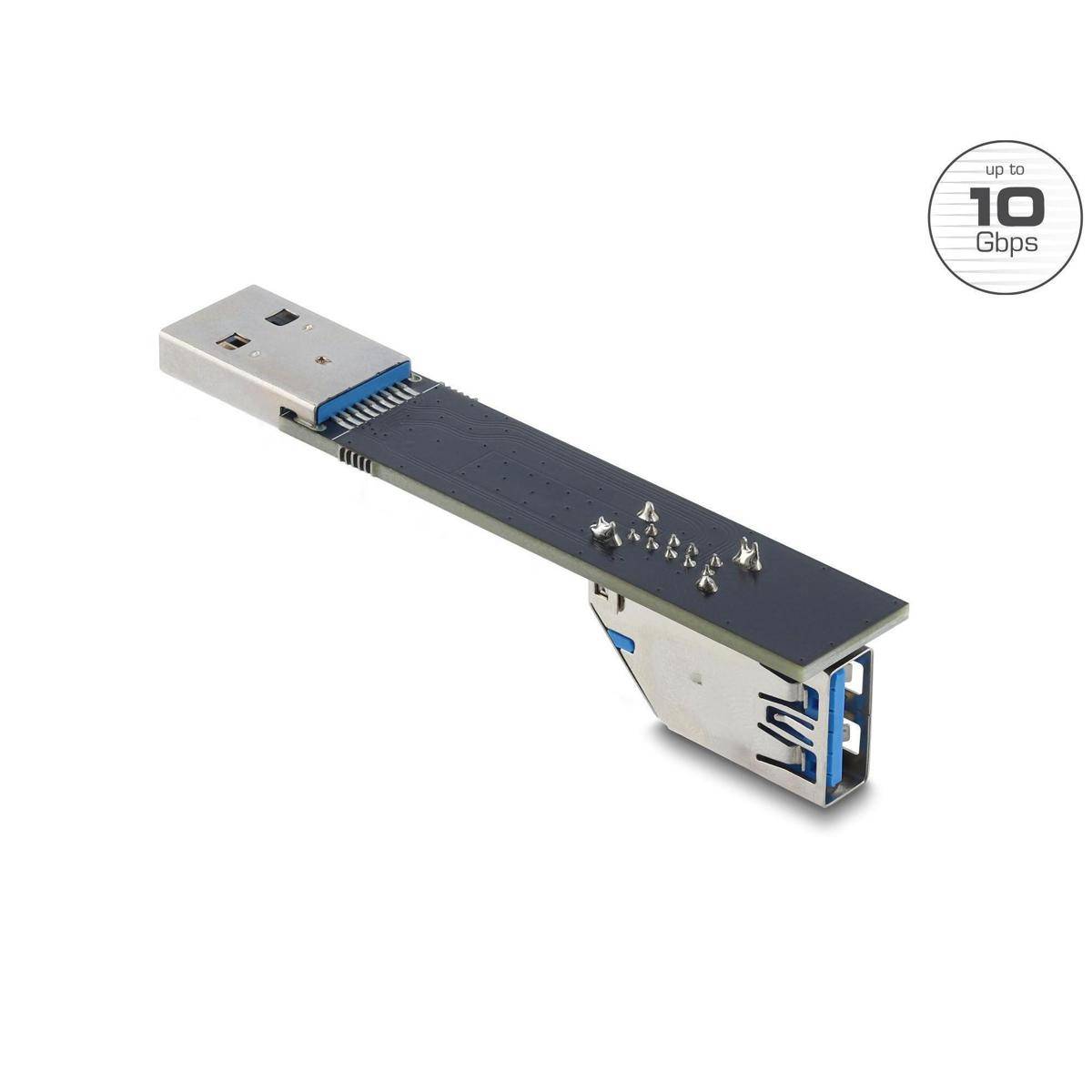 Ein USB 3.1-Anschluss mit einem transparenten Abschnitt, der die Innenkomponenten offenlegt. Eine Beschriftung in der Ecke zeigt „bis zu 10 Gbps
