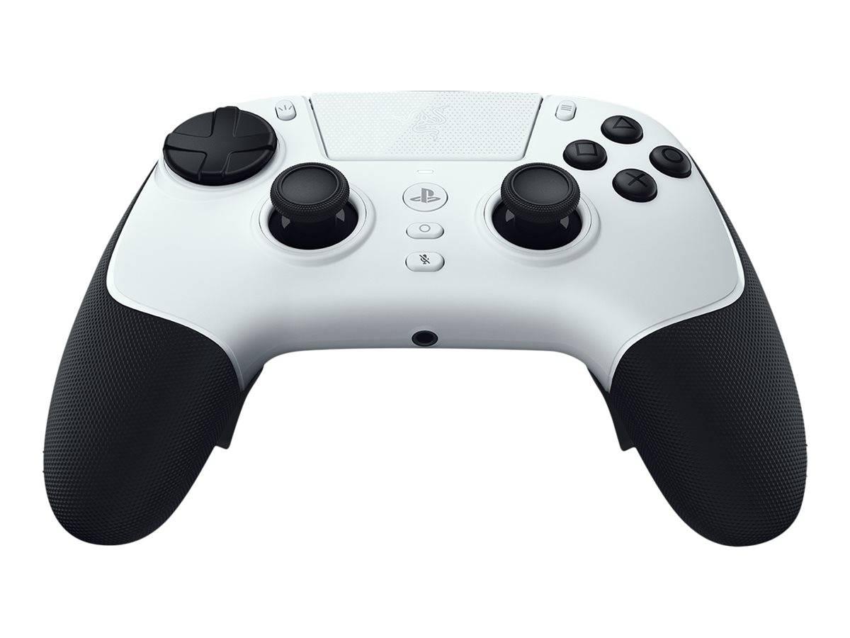 Weißer PlayStation-ähnlicher Gamecontroller mit schwarzen Griffen, zwei analogen Sticks, D-Pad, Aktionstasten und Mitteltasten auf einfachem Hintergrund