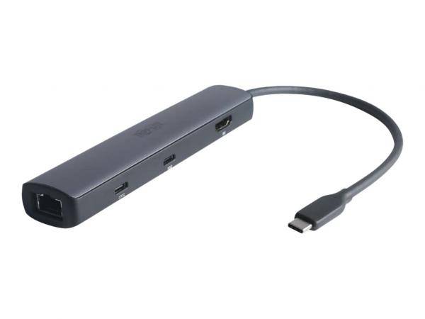 Ein schwarzer USB-C-Hub mit mehreren Anschlüssen, einschließlich HDMI und USB-A, entwickelt für den Anschluss verschiedener Geräte an einen einzigen USB-C-Eingang.