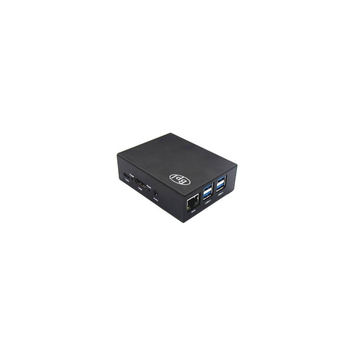 Ein kleiner schwarzer rechteckiger Computer-Hub mit mehreren USB-Anschlüssen und einem Ethernet-Anschluss an einer Seite, mit einem Firmenlogo auf der Oberseite.