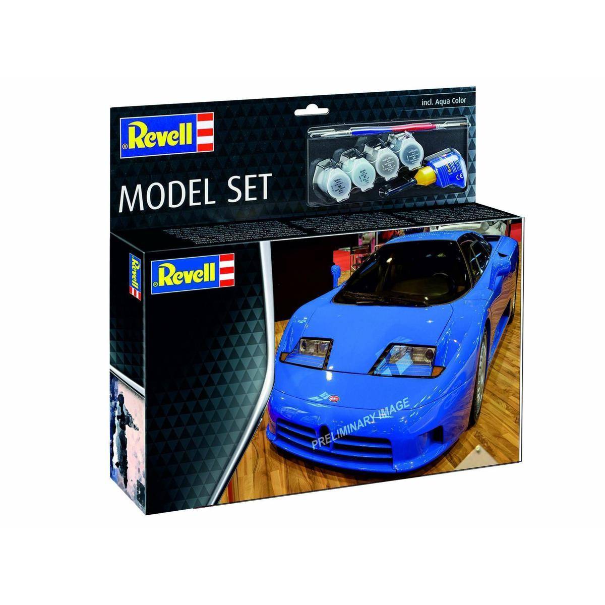 Revell Modell-Set Verpackung, die ein blaues Sportwagen-Modell zeigt, inklusive Farbdosen und Werkzeugen zur Montage.