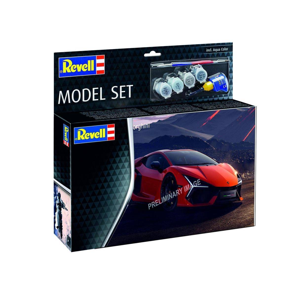 Eine Modellautobausatz-Schachtel mit der Aufschrift ‚Revell Modell-Set', auf der ein roter Sportwagen abgebildet ist, enthält Farbe und Kleber im Paket.