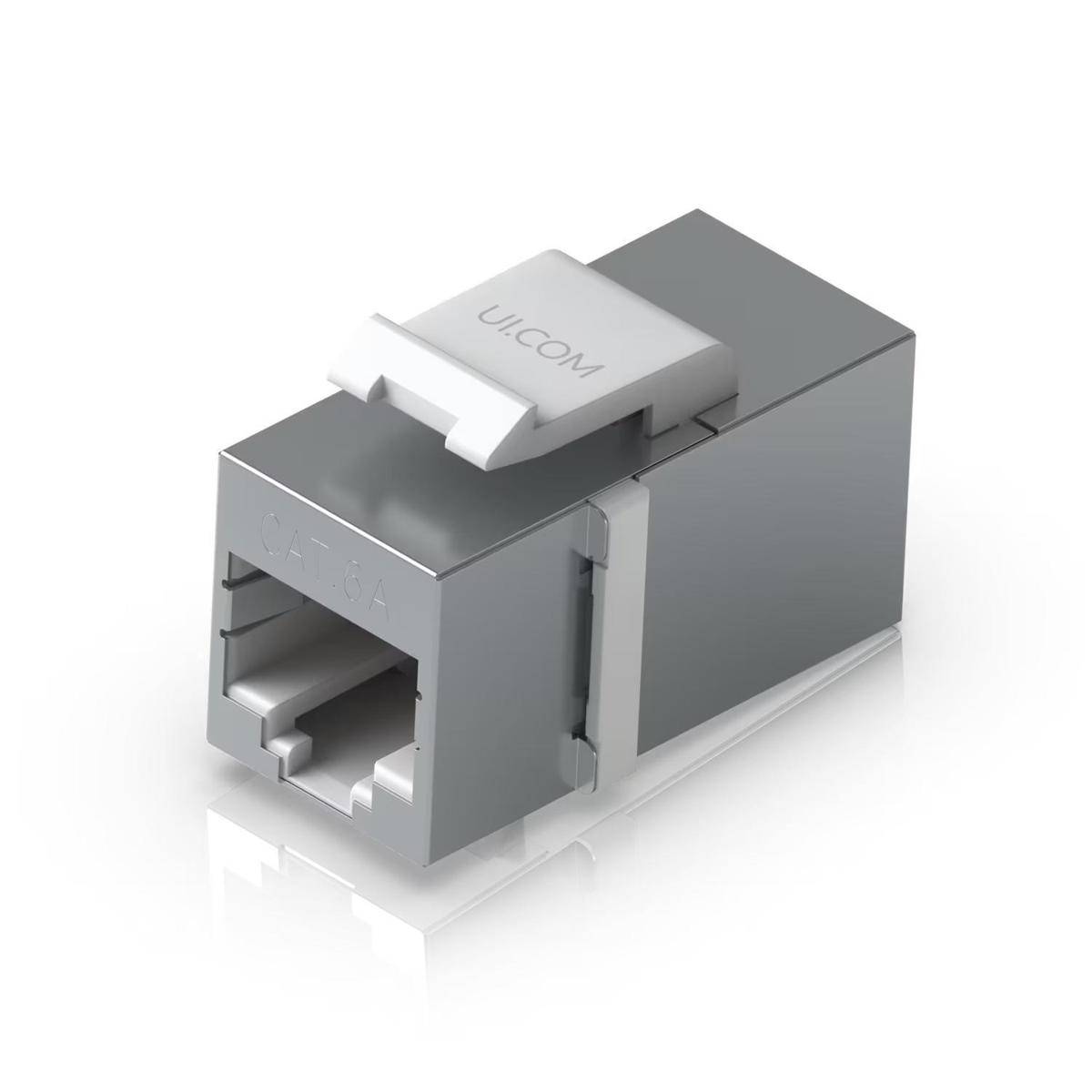 Grauer modularer Ethernet Keystone Jack, mit der Bezeichnung 'Ulicom', verwendet für Netzwerkverbindungen, mit Snap-in-Design und Frontanschluss.