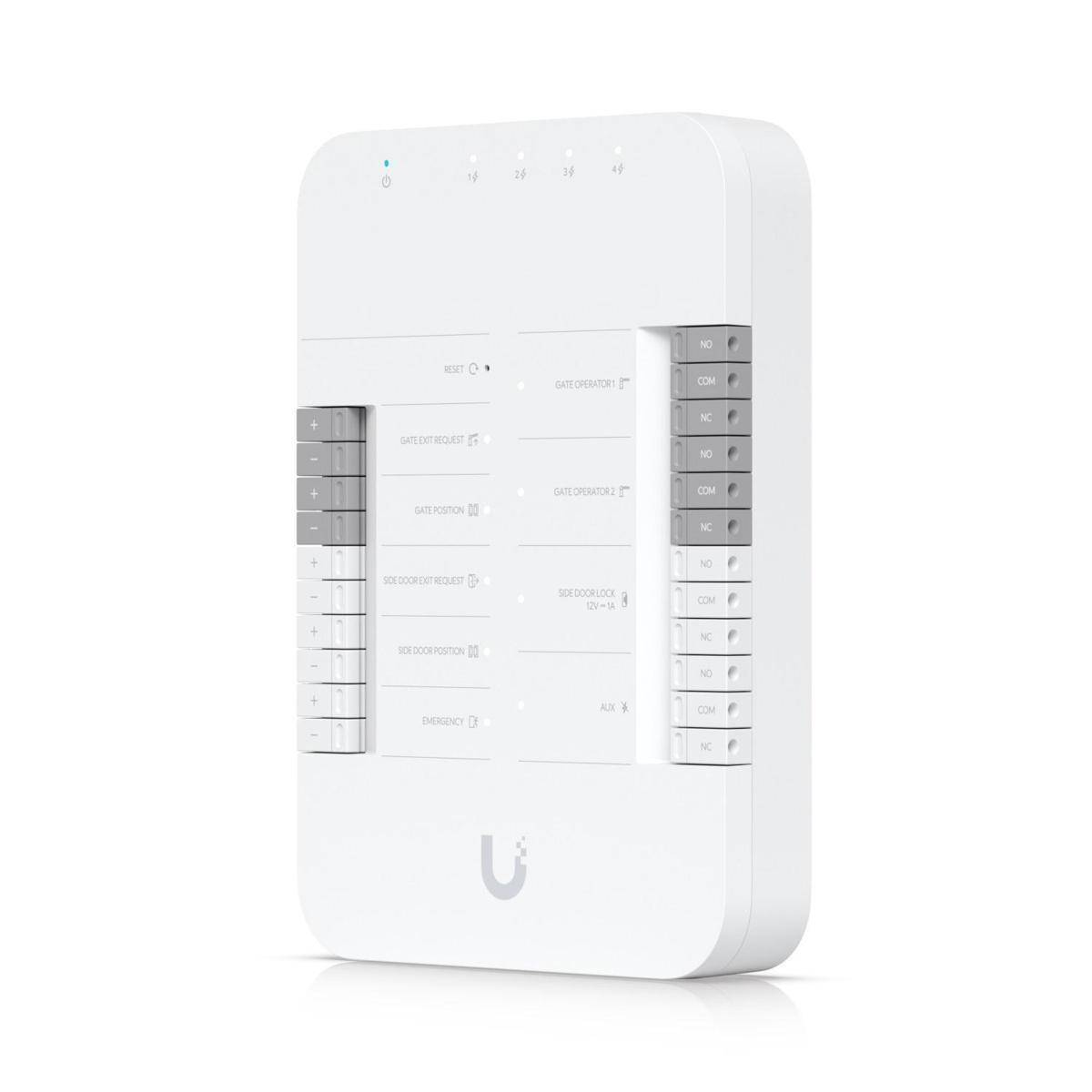 Ein weißer Netzwerk-Switch mit mehreren beschrifteten Anschlüssen, Status-LEDs und Markenlogo am unteren Rand, entwickelt für organisierte Konnektivität.