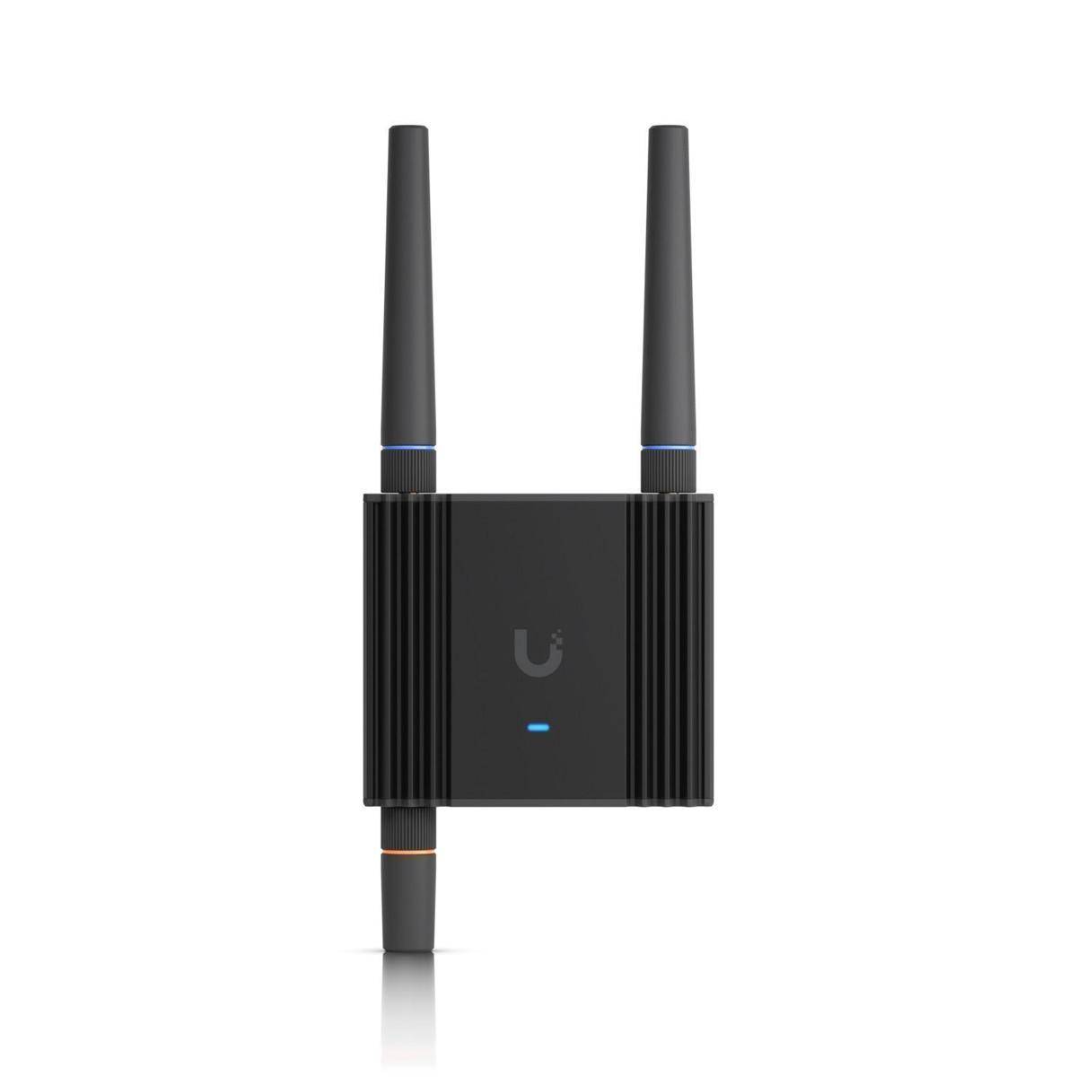 Schwarzer Wireless-Router mit zwei vertikalen Antennen, der ein schlankes, modernes Design und ein kleines „U
