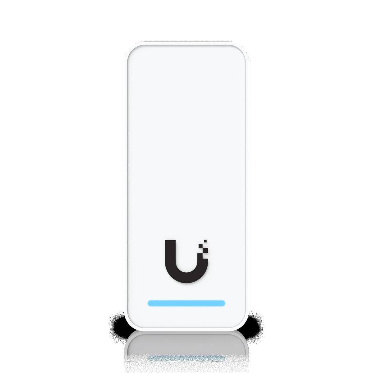Weißes Netzwerkgerät mit einem 'U'-Logo und einer blauen LED-Leuchte am unteren Rand. Das Gerät verfügt über ein schlankes, modernes Design.
