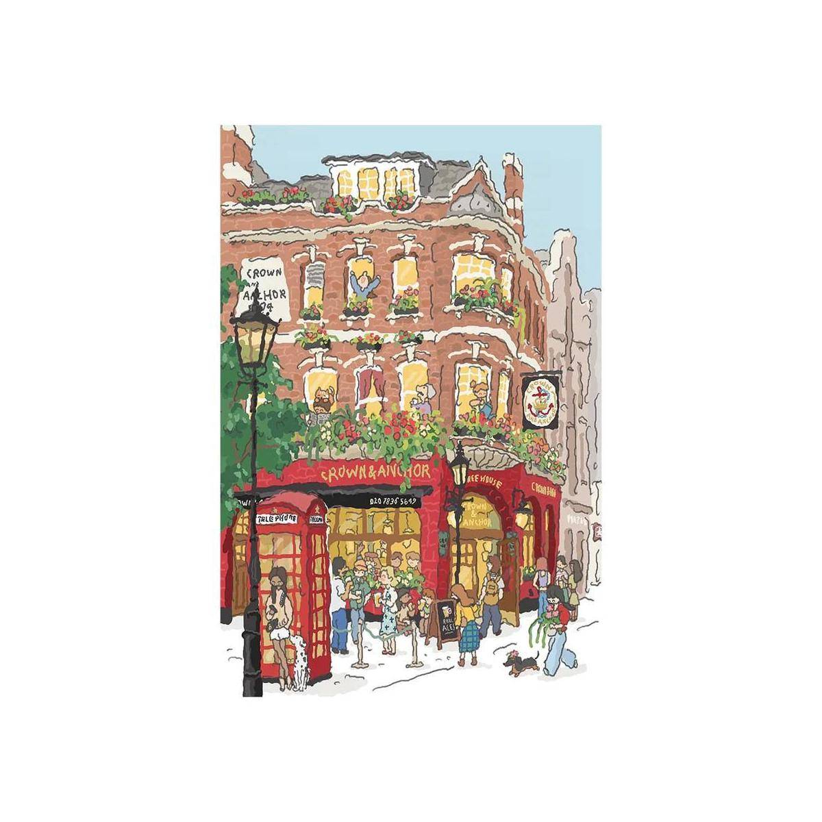 Illustration einer belebten Straßenecke mit einem rotsteinernen Pub namens „Crown and Anchor