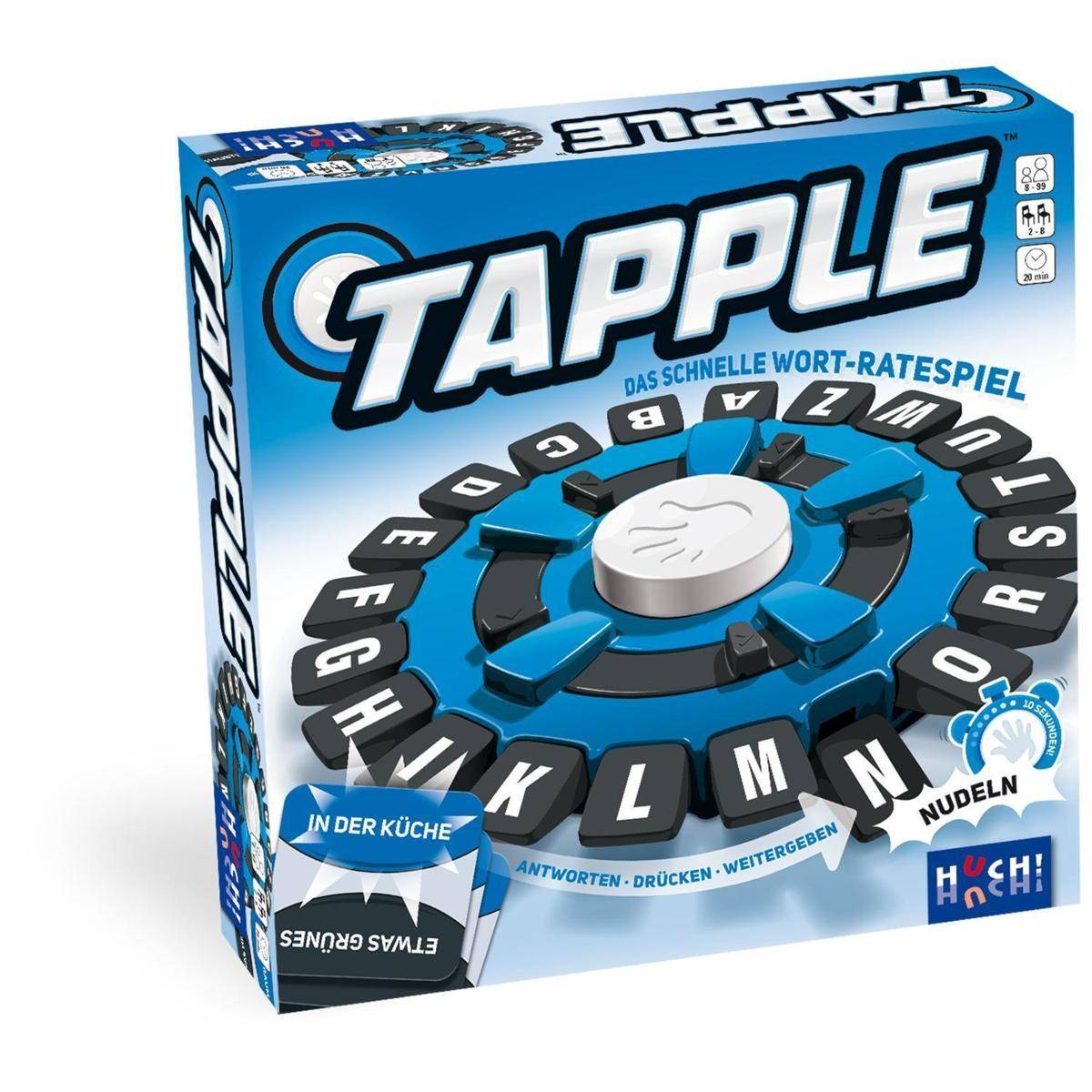 Eine 'Tapple' Brettspielschachtel mit einem kreisförmigen Buchstabenrad, das Kategorien wie 'In der Küche' enthält und Illustrationen verschiedener Küchenutensilien zeigt.