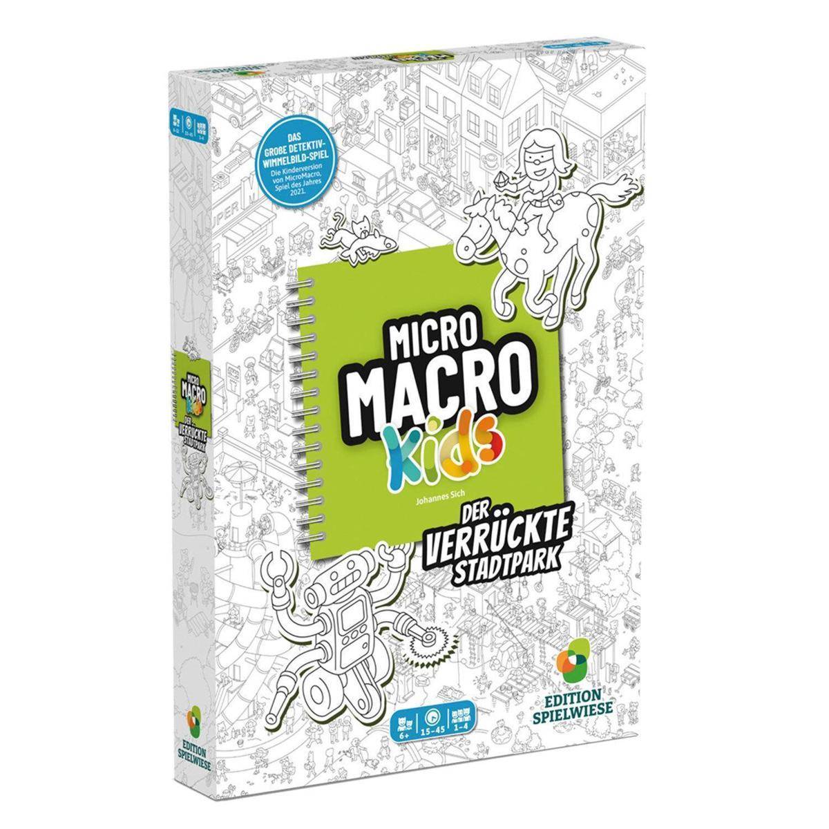 Spieleschachtel für 'Micro Macro Kids: Der Verrückte Stadtpark'. Zeigt farbenfrohe Illustrationen eines Roboters, eines Kindes, das auf einem Hund reitet, und urbane Szenen.