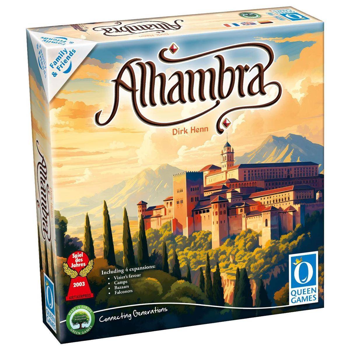 Brettspielbox-Cover für 'Alhambra' von Dirk Henn, das eine Illustration eines historischen Palastkomplexes unter einem blauen Himmel mit Wolken zeigt.