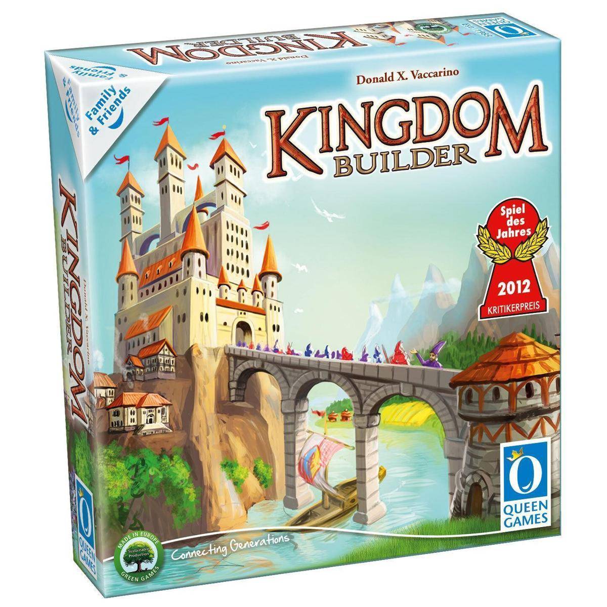 Brettspiel-Box für 'Kingdom Builder' mit einer mittelalterlichen Burg, einer Brücke und einer Landschaft. Enthält den Spiel des Jahres 2012 Preis.