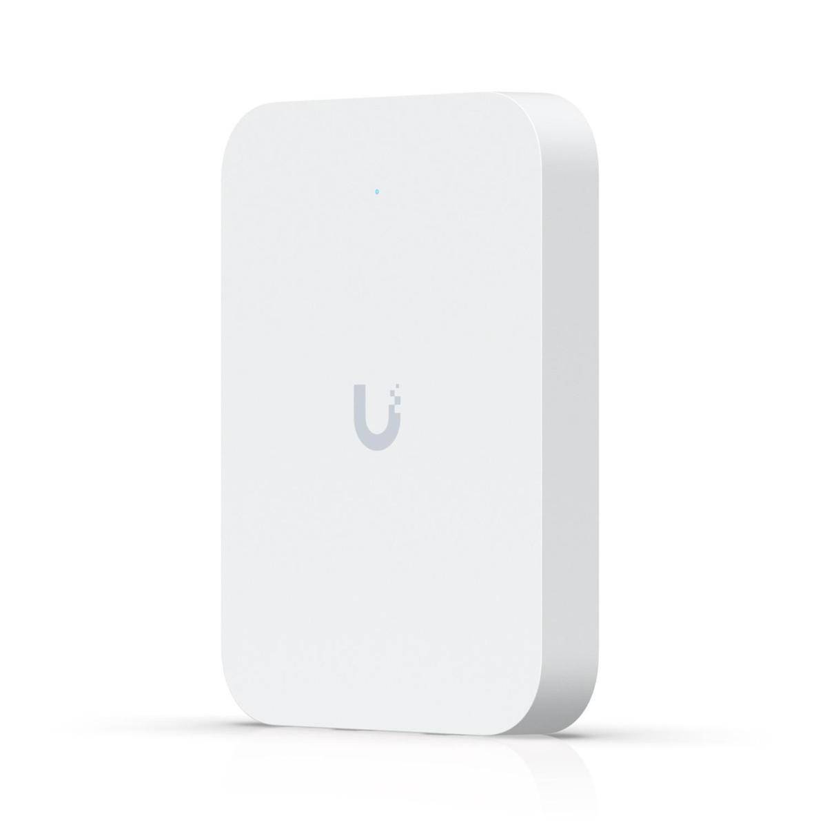 Ein weißer, vertikaler WLAN-Zugangspunkt mit einem kleinen 'U'-Logo in der Mitte der Vorderseite. Er ist schlank, minimalistisch und für den Innenbereich konzipiert.