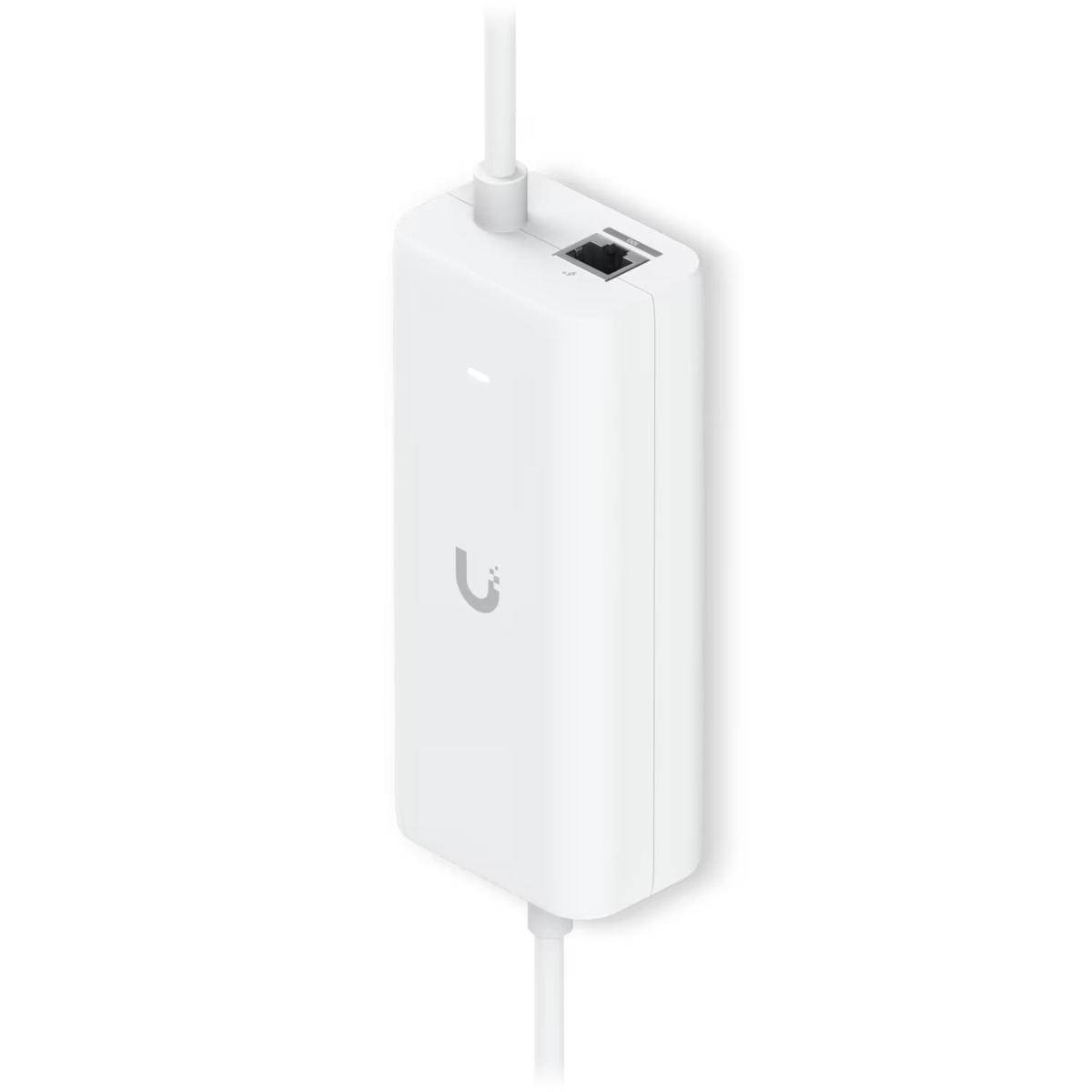 Ein weißes Ubiquiti-Netzwerkgerät mit einem Kabel, das oben angeschlossen ist, mit einer einfachen Anzeigelampe, vor einem schlichten Hintergrund.