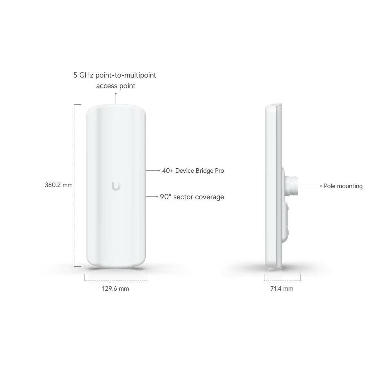 5-GHz-Punkt-zu-Multipoint-Zugangspunkt, 360,2 mm Höhe, 129,6 mm Breite, 40+ Device Bridge Pro, 90° Sektorabdeckung, Mastmontage.