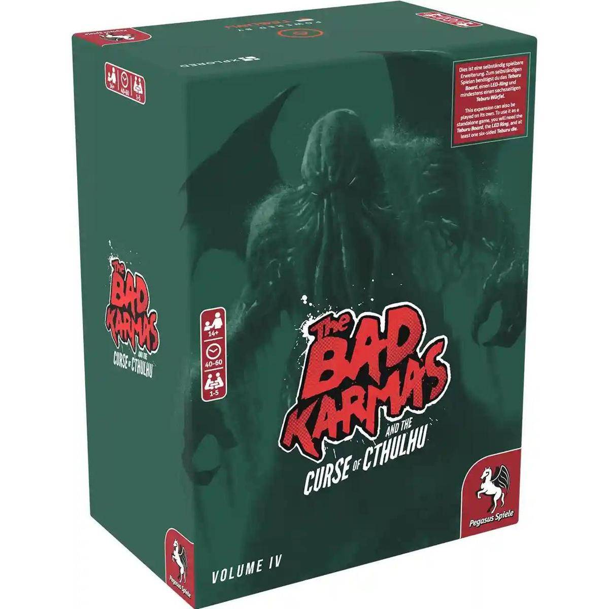 Spieleschachtel von 'Die Bösen Karmas und der Fluch von Cthulhu' mit düsterer, unheimlicher Grafik eines monströsen Wesens im Hintergrund.
