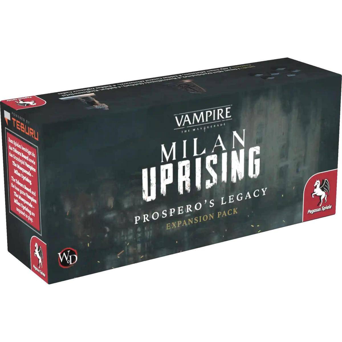 Schachtel von 'Vampire: The Masquerade Milan Uprising - Prospero's Legacy Erweiterungspack' Spiel, mit düster gestalteter Grafik und Logos.
