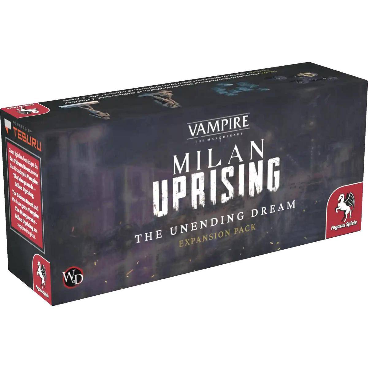 Schachtel für die Erweiterung 'Vampire: Mailänder Aufstand - Der endlose Traum'. Dunkles Design mit Spielbranding und Logos.