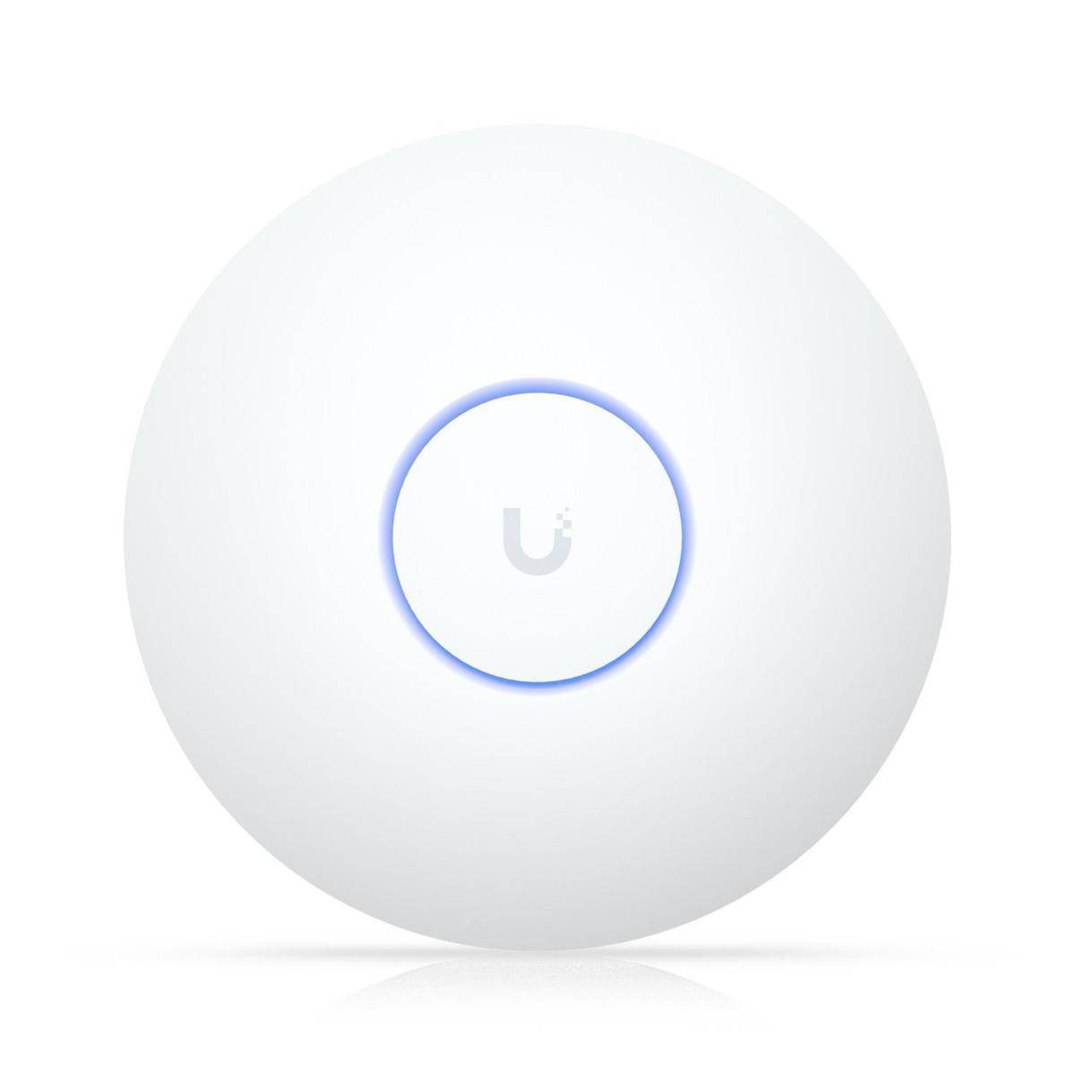 Ein weißer, kreisförmiger WLAN-Zugangspunkt mit einem leuchtenden blauen Ring und dem Buchstaben 'U' in der Mitte, der das Logo der Marke darstellt.