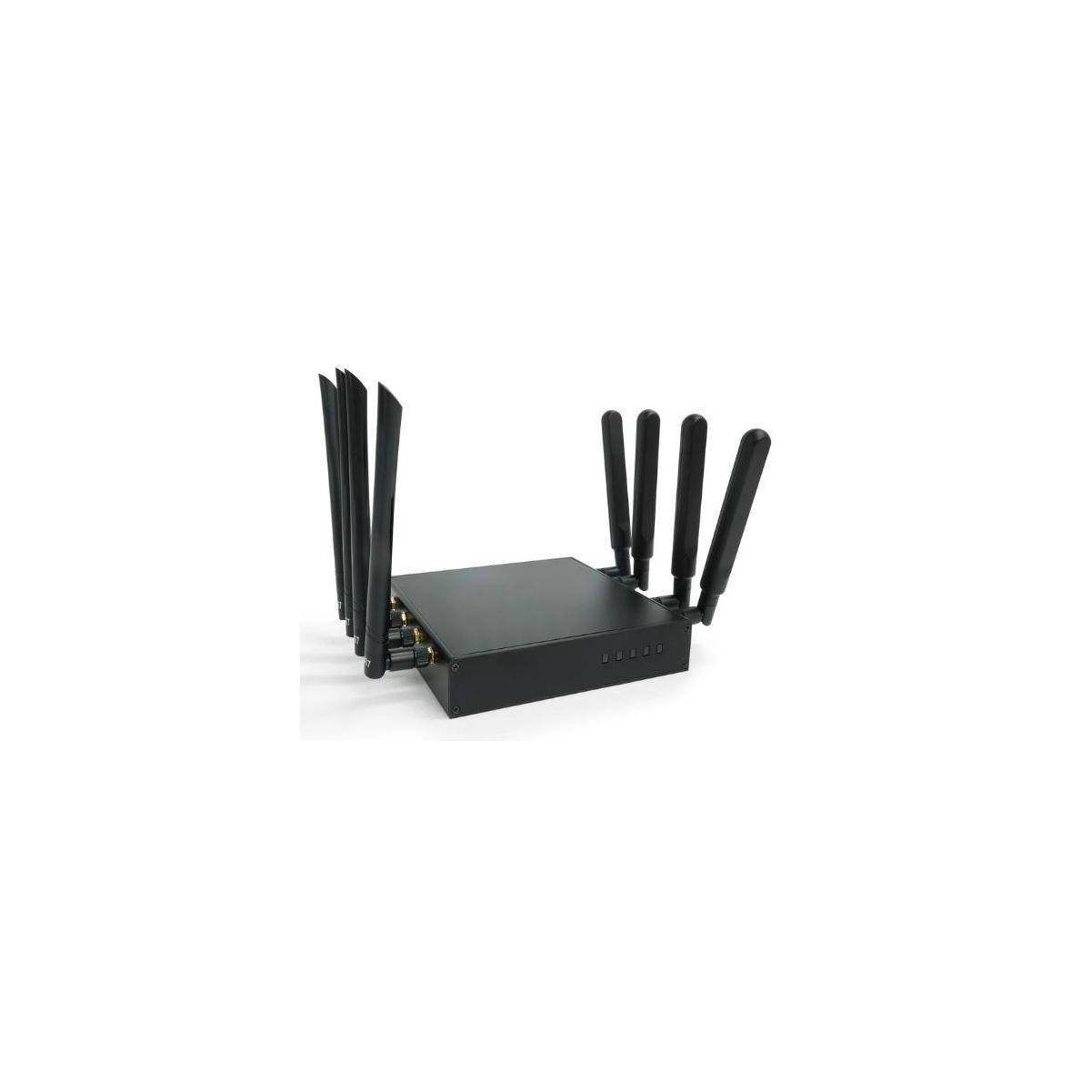 Ein schwarzer WLAN-Router mit acht Antennen, der wahrscheinlich für eine verbesserte WLAN-Abdeckung und Konnektivität konzipiert ist, platziert auf einer weißen Oberfläche.