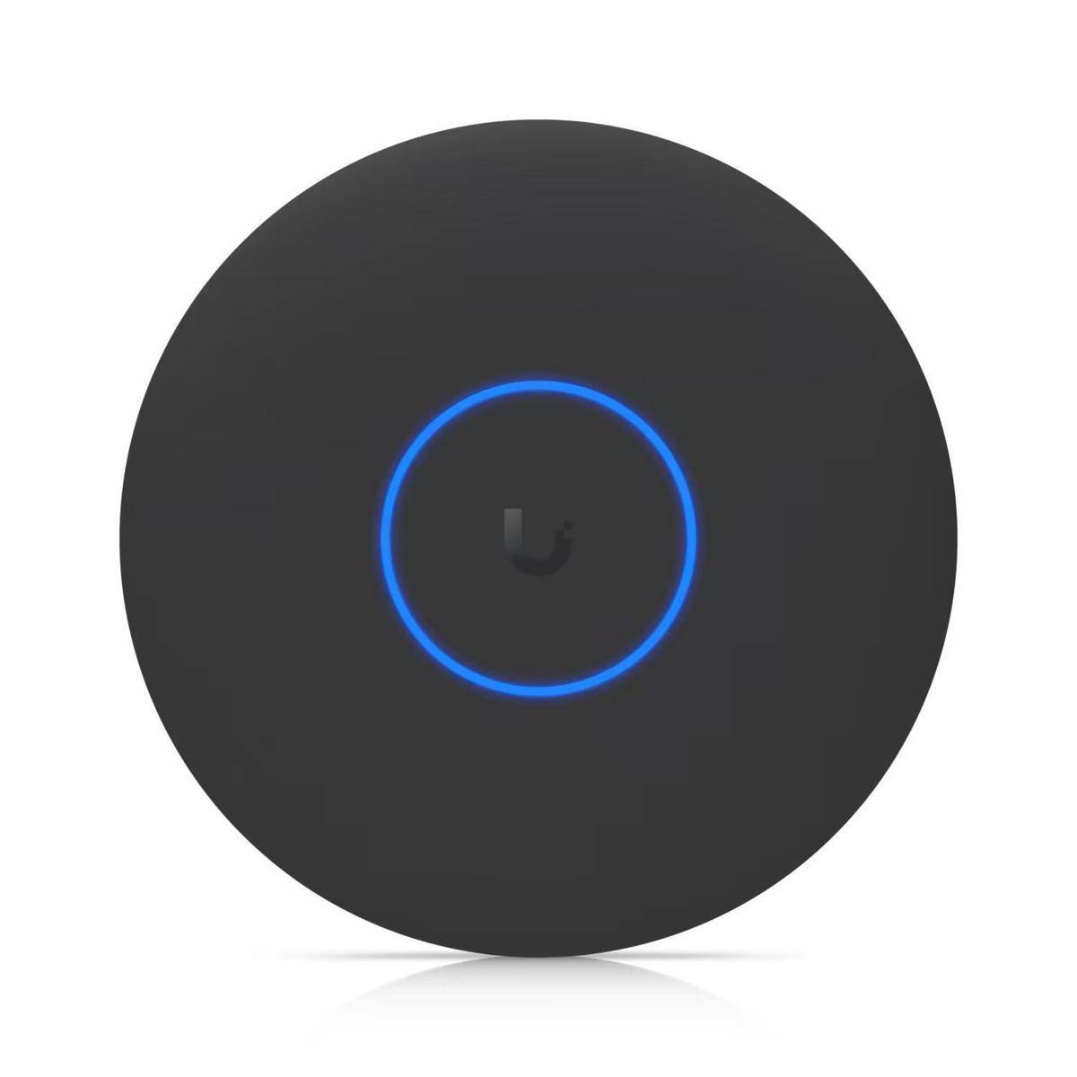 Ein kreisförmiger schwarzer drahtloser Zugangspunkt mit einem blauen LED-Ringindikator, der typischerweise zur Erweiterung der Netzwerkabdeckung in Häusern oder Unternehmen verwendet wird.