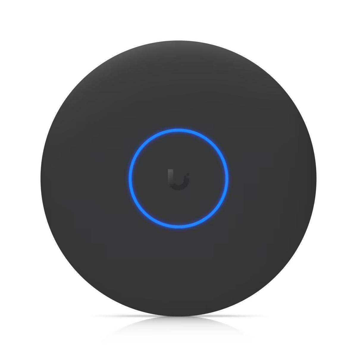 Ein rundes schwarzes Gerät mit einem zentralen blauen LED-Ring, der den Energie- oder Verbindungsstatus anzeigt.