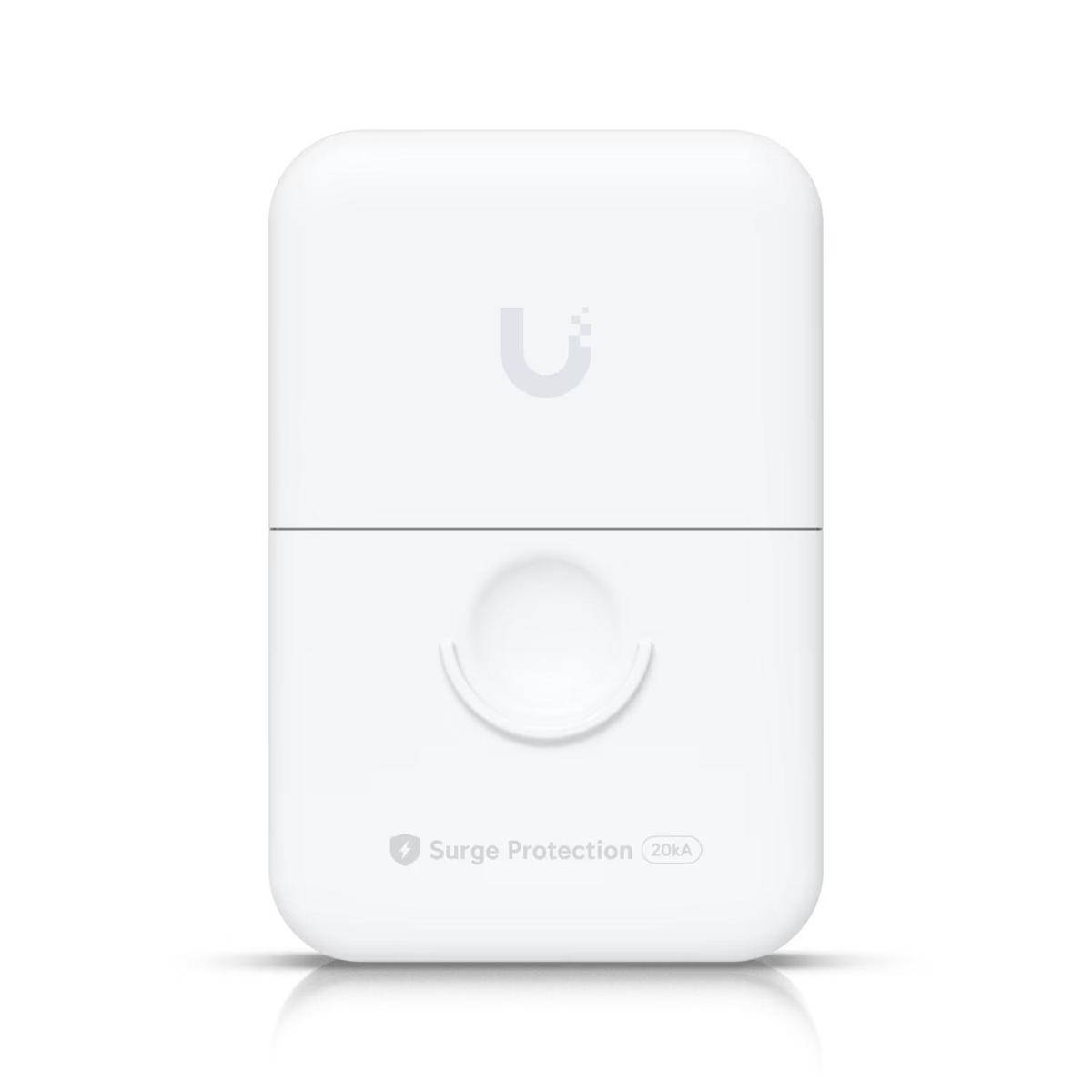 Ein weißer Überspannungsschutz mit einem Logo oben und dem Text ‚Überspannungsschutz 20kA' am unteren Ende, entwickelt zum Schutz elektronischer Geräte.