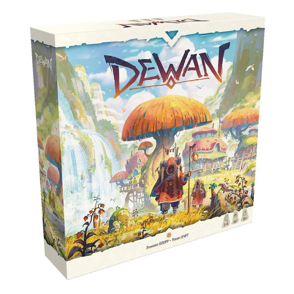 Die Spielschachtel von 'Dewin' zeigt eine farbenprächtige Fantasy-Landschaft mit großen Pilzen, einem Wasserfall und mystischen Kreaturen.