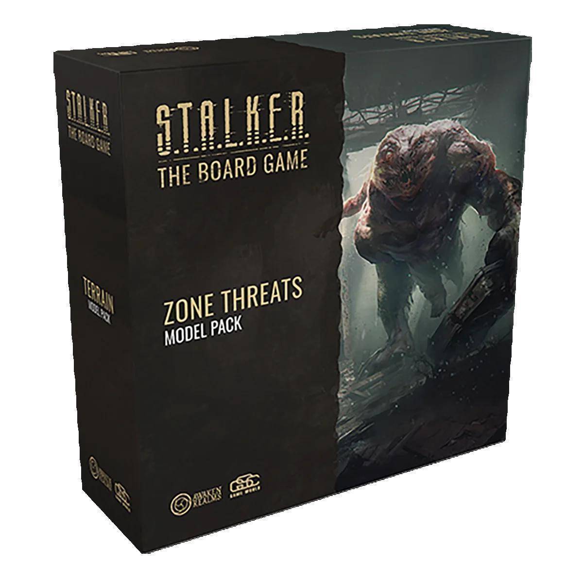 Box des 'Stalker: The Board Game' Zone Threats Model Pack mit einer detaillierten Monsterillustration auf einem dunklen, atmosphärischen Hintergrund.