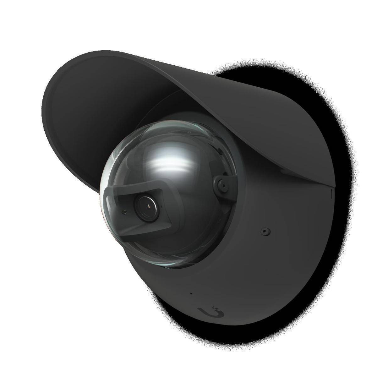 Eine schwarze Dome-Sicherheitskamera mit einer Schutzabdeckung, die für die Überwachung und Beobachtung konzipiert ist, ist an einer Wand befestigt.