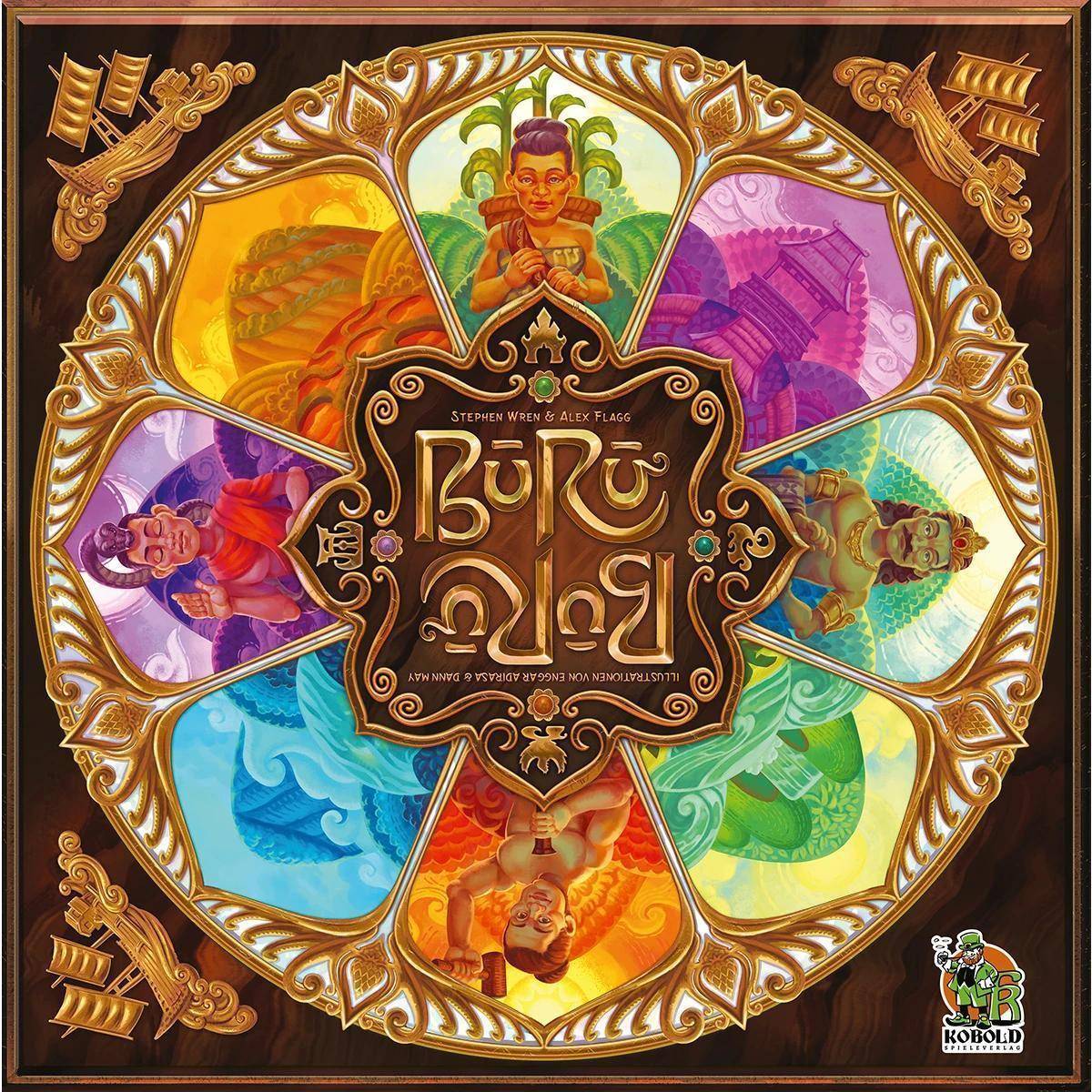 Brettspielcover für 'Buru'; zeigt kunstvoll gestaltetes Artwork mit kulturellen Motiven, Statuen und lebendigen Farben; zentraler Text trägt den Spieltitel.