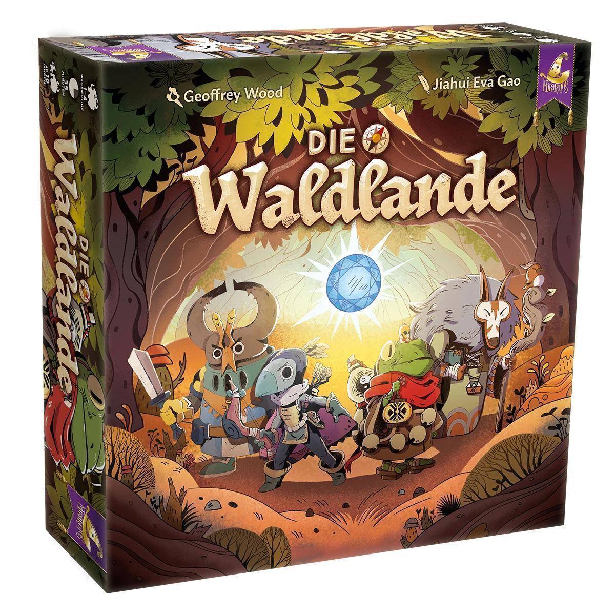 Spieleschachtel für 'Die Waldlande', die illustrierte Tiercharaktere in Rüstungen zeigt, die durch einen Wald wandern, mit einem leuchtenden Emblem über ihnen.