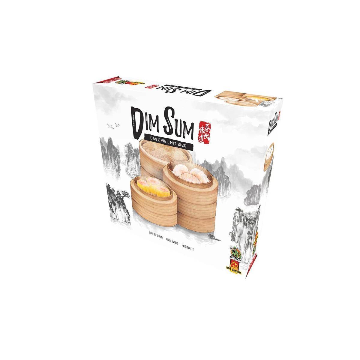 Spieleschachtel von 'Dim Sum: Das Spiel mit Biss', mit illustrierten Dim-Sum-Körben vor einer szenischen Hintergrundgestaltung.