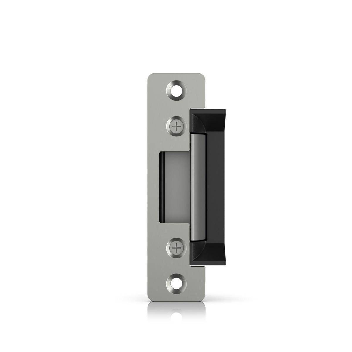 Eine Türverriegelungsplatte mit metallischer Oberfläche und schwarzem Griff, die zwei Schraubenlöcher zur Befestigung aufweist.