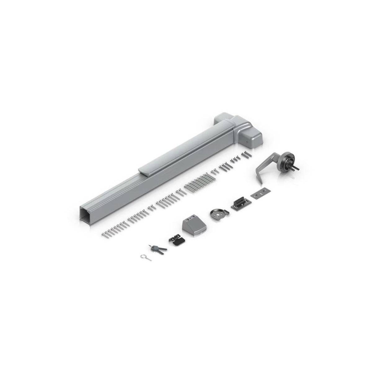 Silbernes Türbeschlagset mit Griff, Schlössern und Schrauben ordentlich angeordnet. Geeignet für die Installation oder den Austausch eines Türverriegelungsmechanismus.