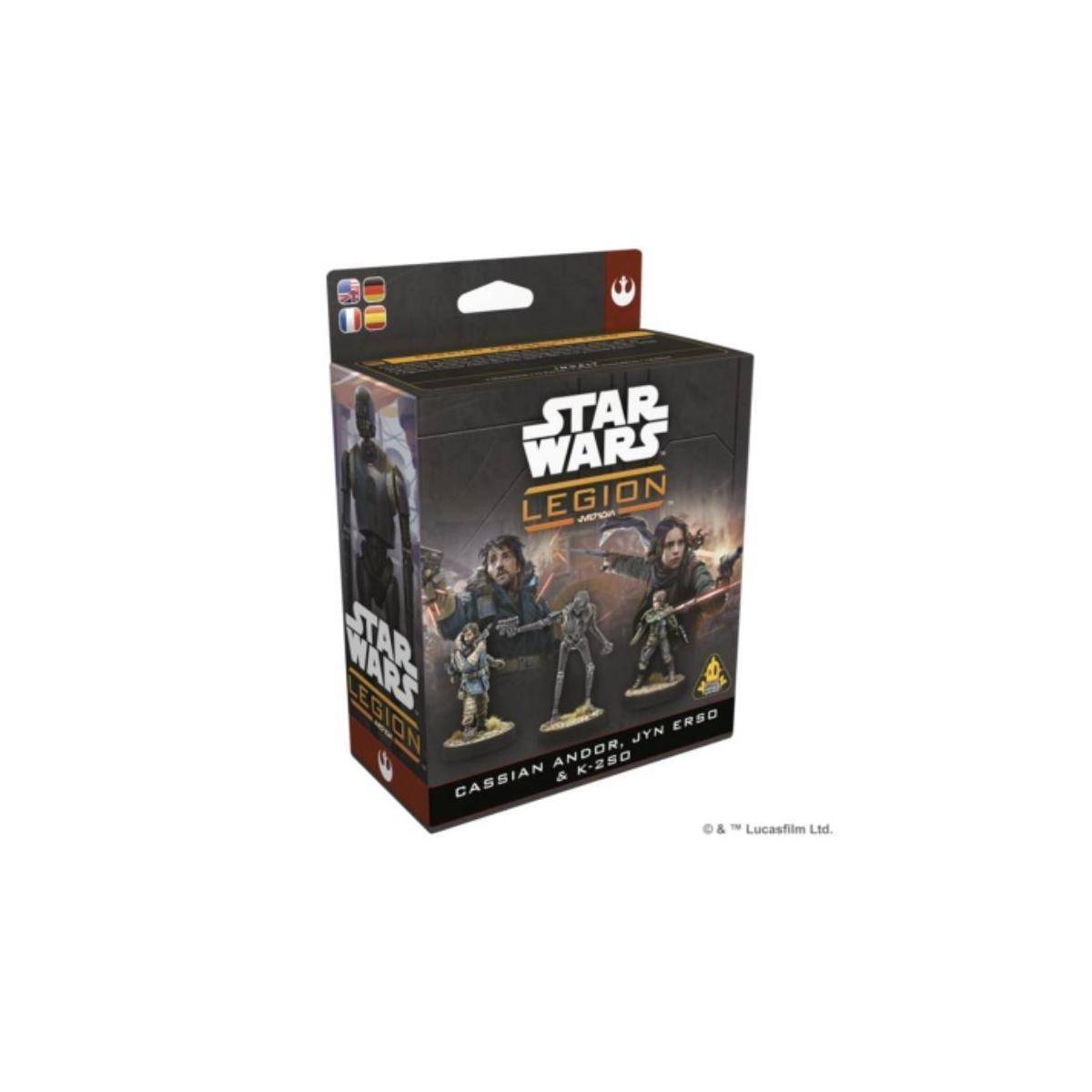 Star Wars Legion Miniatur-Set-Box mit Cassian Andor-, Jyn Erso- und K-2SO-Actionfiguren sowie thematischer Grafik und Logos.