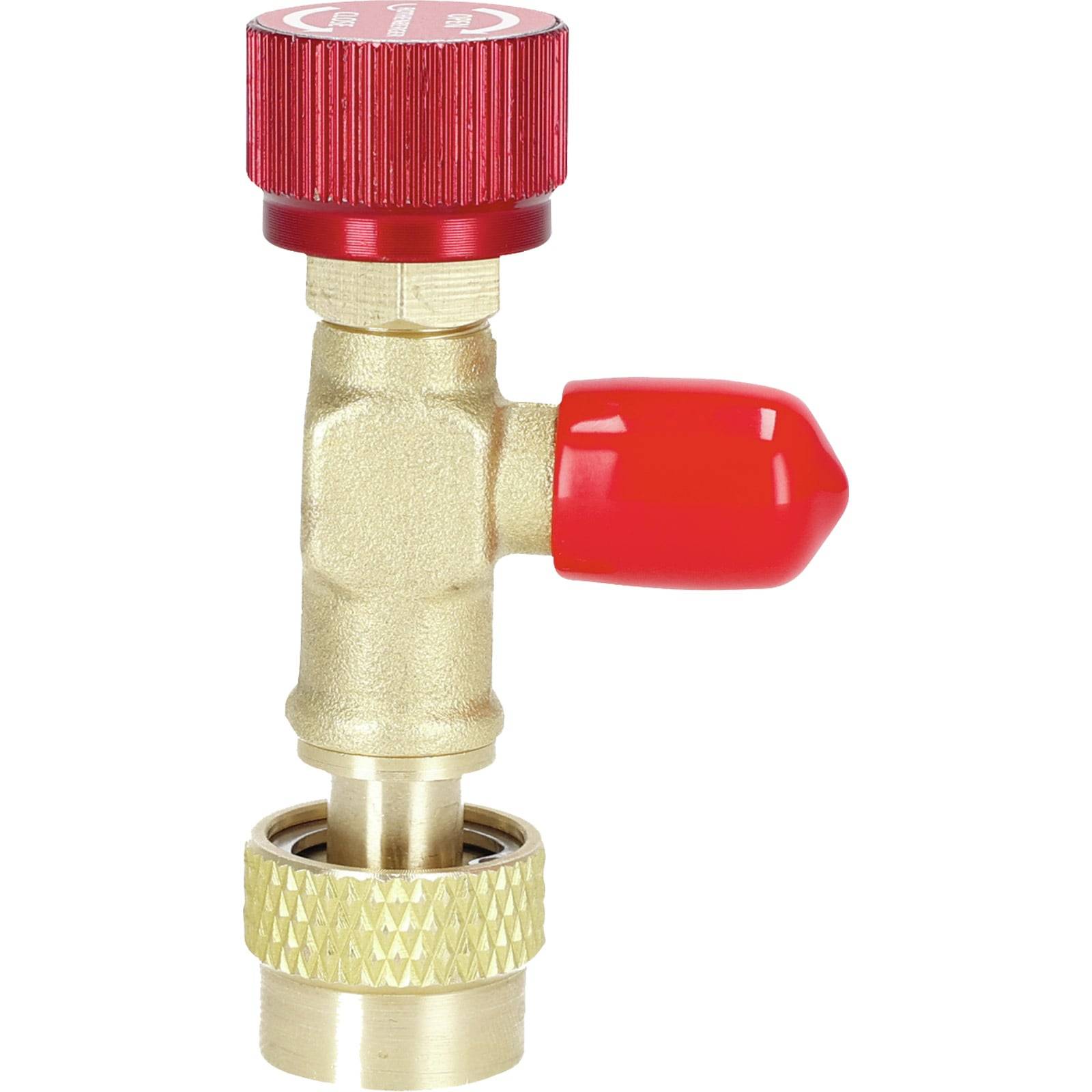 Ein Messingventil mit rotem Knopf und Deckel, konzipiert zur Steuerung des Gas- oder Flüssigkeitsflusses in Rohrleitungssystemen.