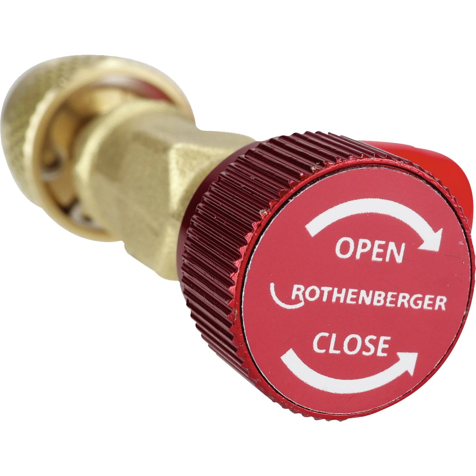 Roter Ventil mit einem kreisförmigen Griff, der mit weißem Text 'Öffnen' und 'Schließen' beschriftet ist und Richtungspfeile zum Öffnen und Schließen aufweist.