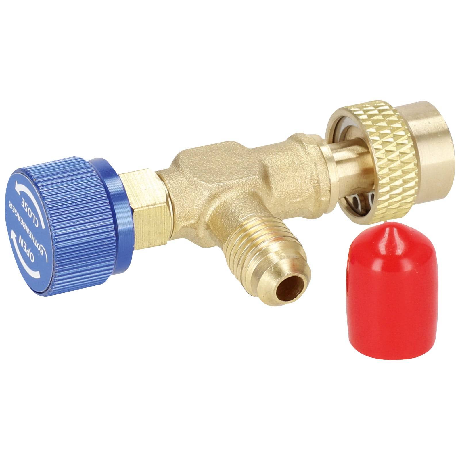 Ein Kältemittel-Messingadapter mit einem blauen Griff, der mit 