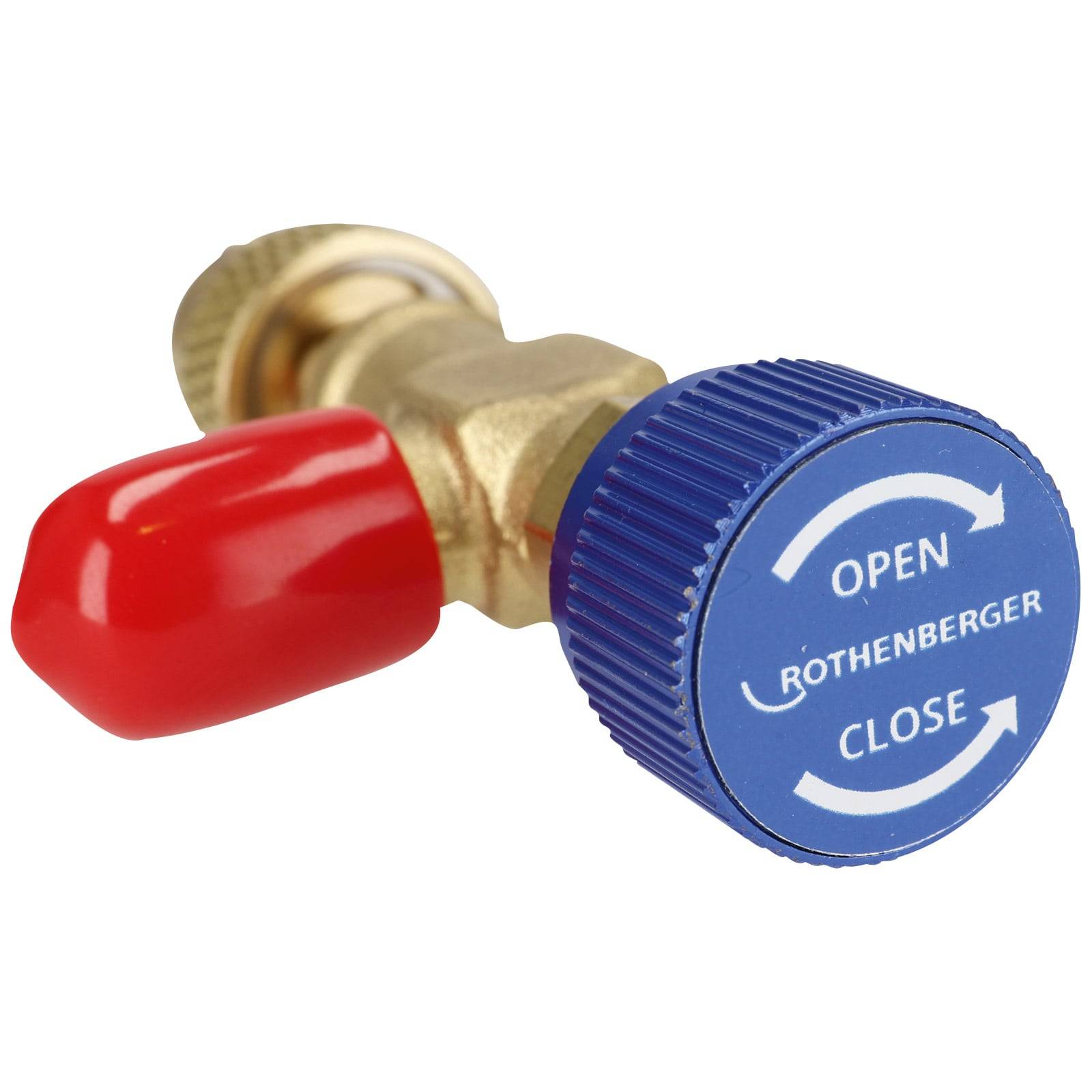Ein Messingventil mit einem blauen Knopf, beschriftet mit 