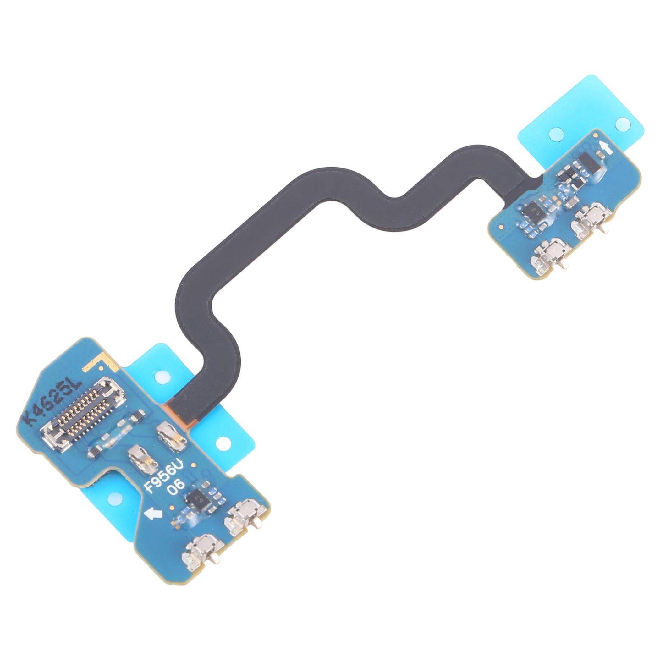 Ein flexibles Flachkabel mit blauen Anschlüssen, ausgestattet mit elektronischen Komponenten und Lötpunkten, das zur Verbindung interner Schaltkreise in Geräten verwendet wird.