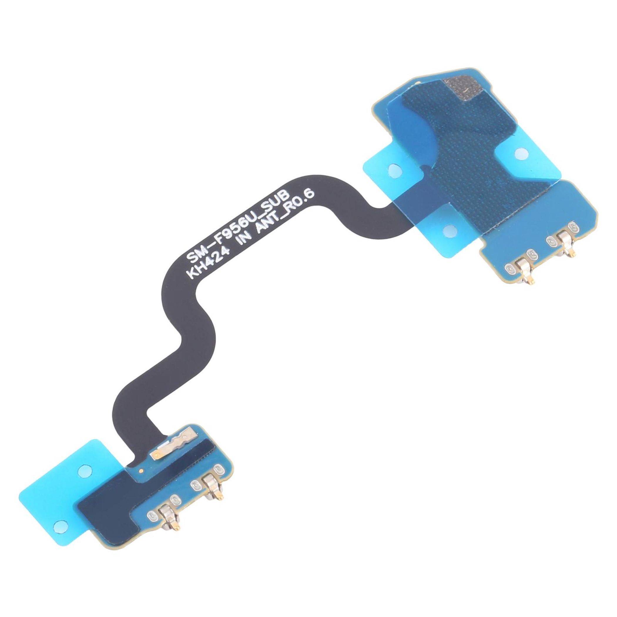 Schwarzes und blaues elektronisches Flexkabel mit Anschlusspadden und Beschriftungstext: SW-F956U_SUB KHA42_1N ALT_P0.6.