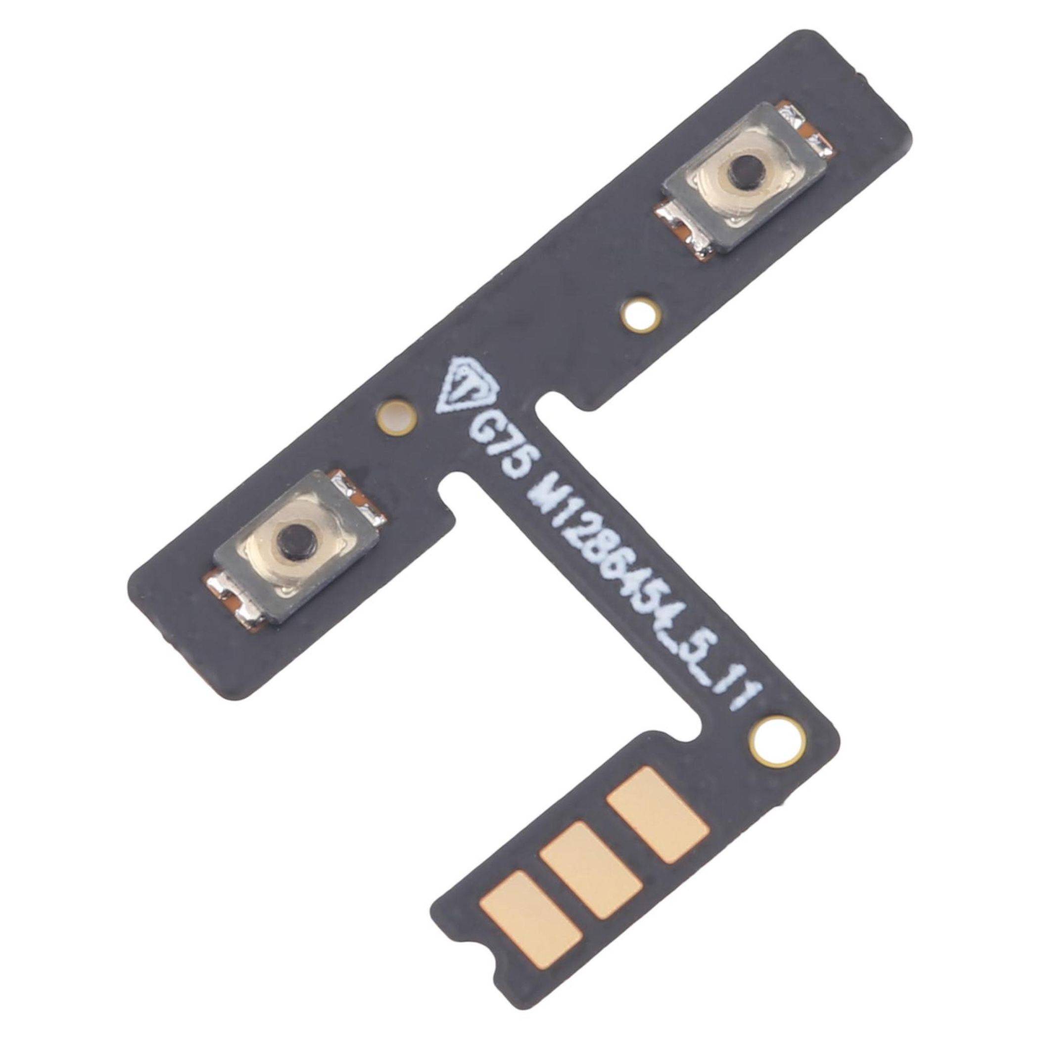 Eine kleine, schwarze Leiterplatte mit zwei silbernen Tasten und drei goldenen Kontaktpunkten, in der Mitte mit der Beschriftung 'G75 W128645.L_L1' versehen.