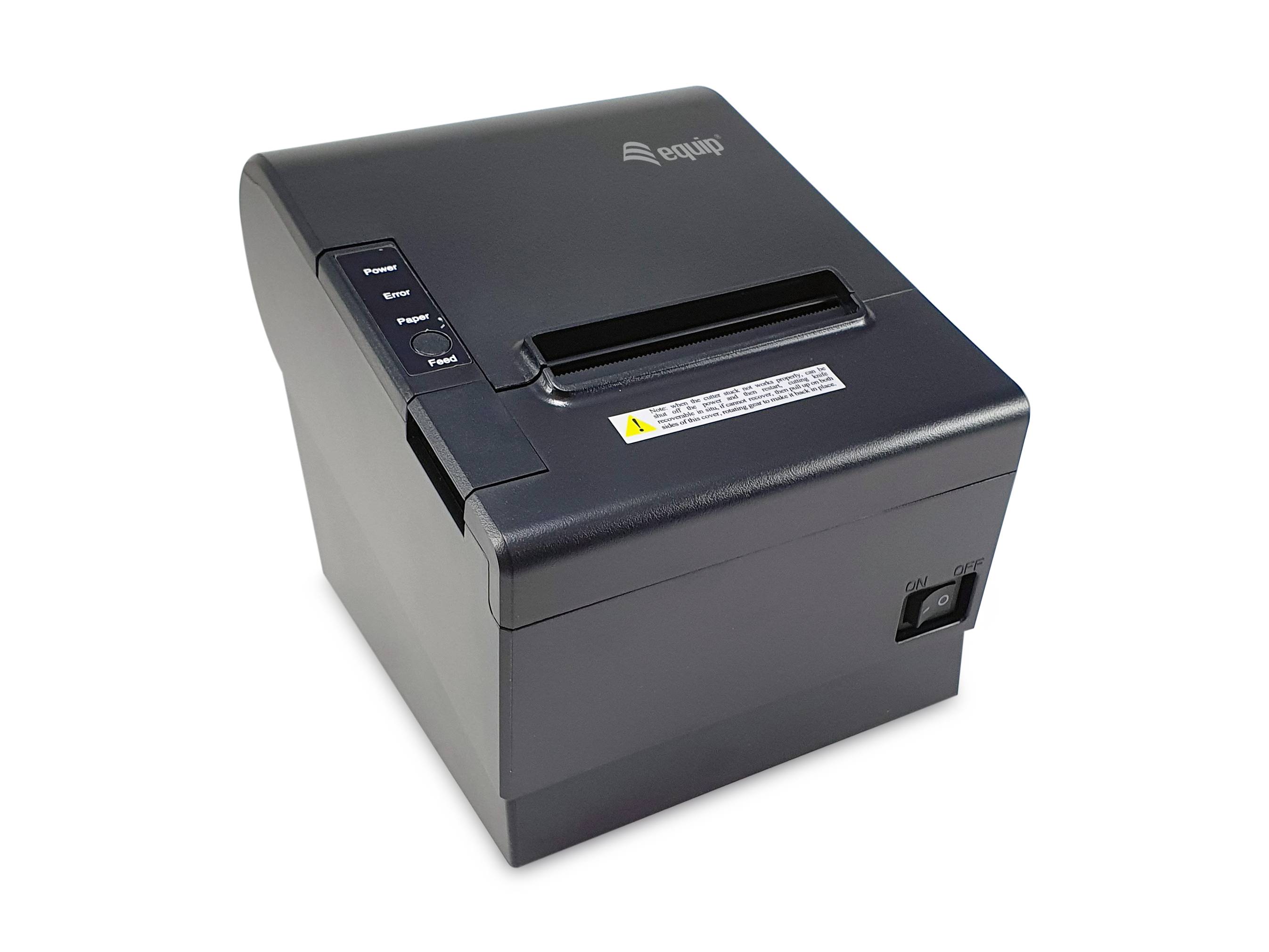 Ein kompakter, schwarzer Thermobondrucker mit sichtbaren Strom- und Vorschubknöpfen auf der Oberseite. Der Drucker trägt die Markenbezeichnung 'equip'.