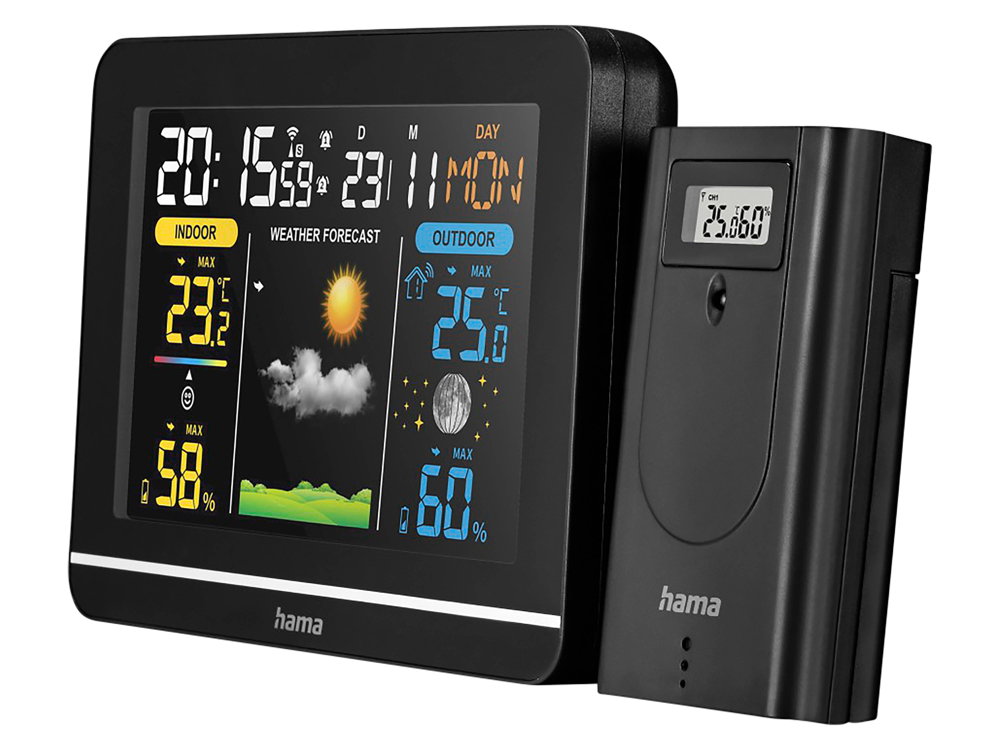 Digitale Wetterstation-Anzeige zeigt Innentemperatur von 23,2°C, Luftfeuchtigkeit 68%, Außentemperatur 25°C, Luftfeuchtigkeit 60%, mit Sonnenvorraussicht.