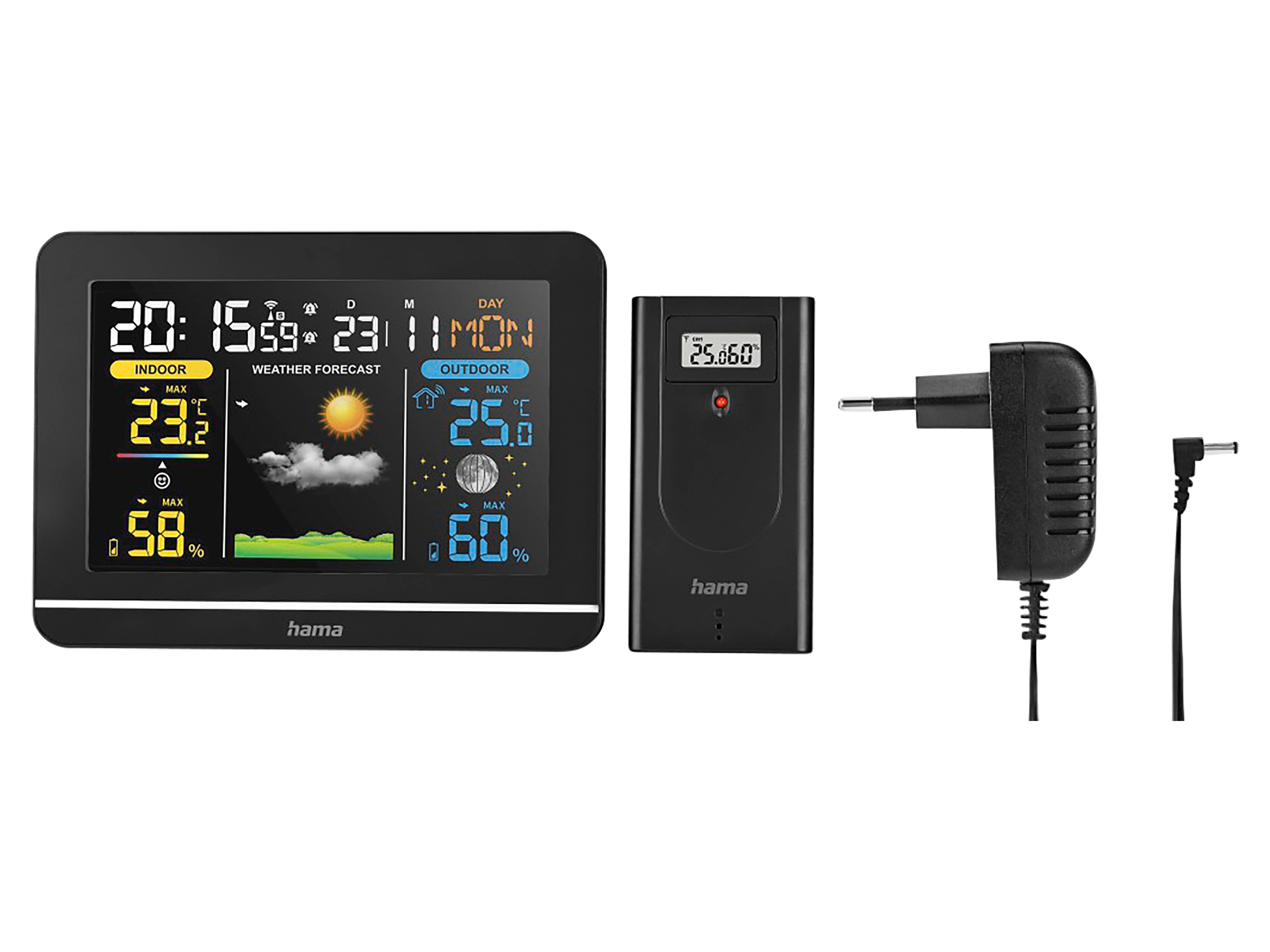 Eine digitale Wetterstation zeigt eine Innentemperatur von 23,6°C, eine Außentemperatur von 25°C und eine sonnige Wettervorhersage.