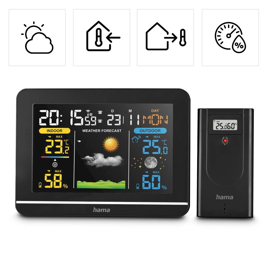 Digitale Wetterstation zeigt Innen- und Außentemperatur, Luftfeuchtigkeit, Wettervorhersage und Zeit an. Enthält Sensor für Außendaten.