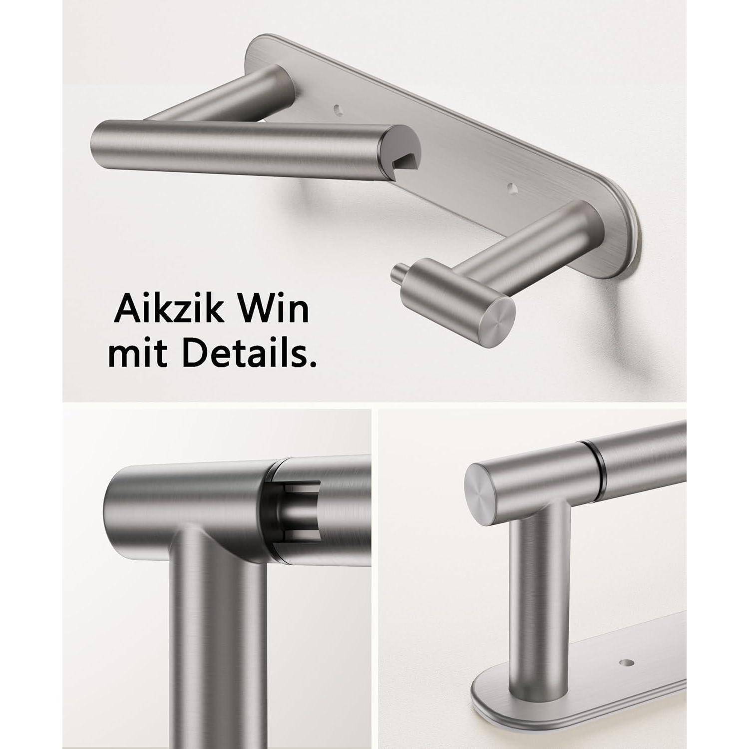 Silberner Türgriff mit modernem, zylindrischem Design. Beinhaltet Detailaufnahme des Griffmechanismus und Winkelansicht. Text lautet 'Aikzik Win mit Details.