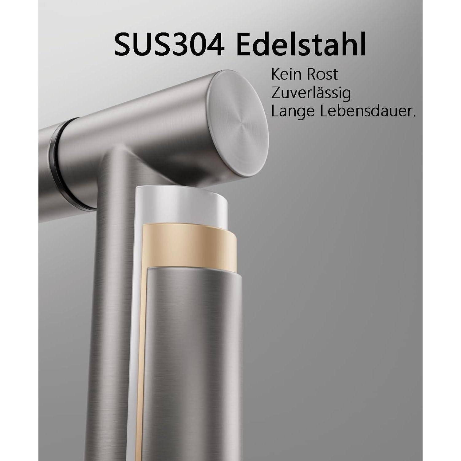 Nahaufnahme eines Edelstahlgriffs mit der Beschriftung ‚SUS304 Edelstahl'. Texthervorhebungen: ‚Kein Rost', ‚Zuverlässig', ‚Lange Lebensdauer'.