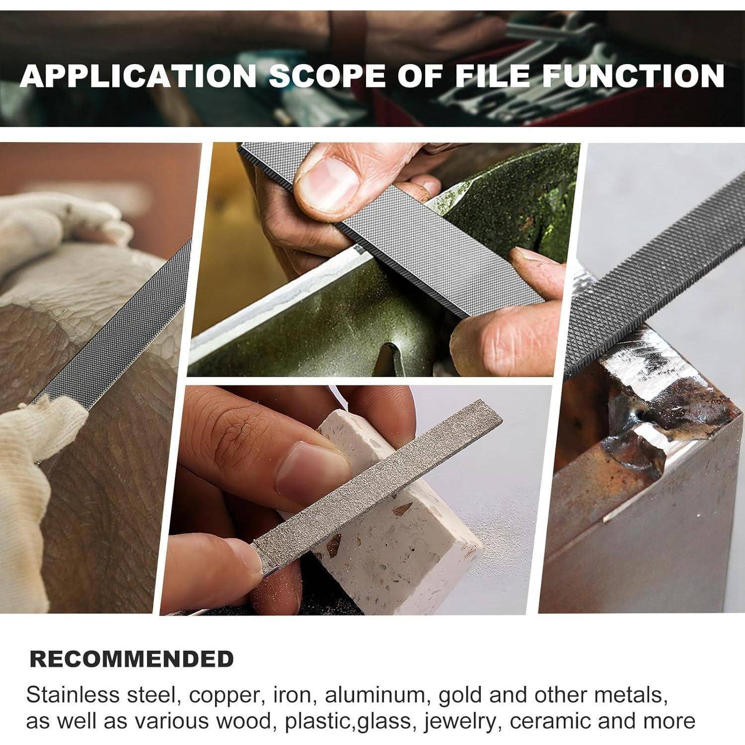 Anwendungsbereich der Datei-Funktion: Bilder zeigen manuelles Feilen von Metall, Holz und Keramik, was darauf hindeutet, dass die Werkzeuge für diese und ähnliche Materialien geeignet sind.